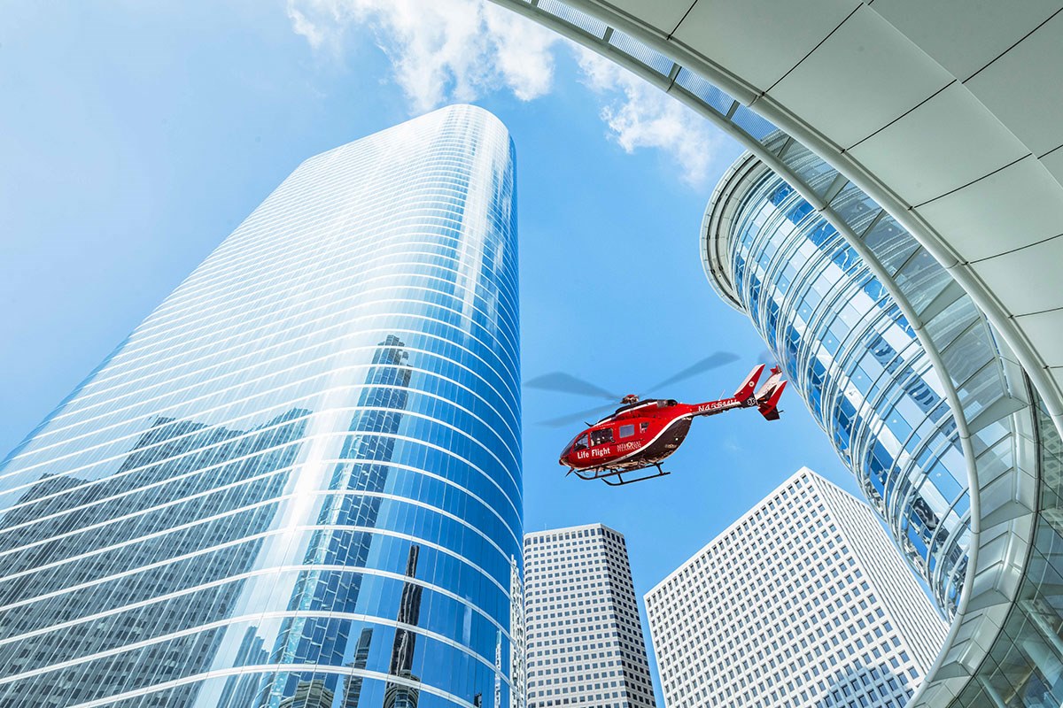 Life Flight flying over Texas Medical Center