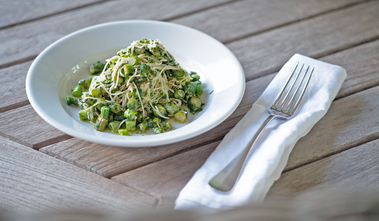 A bowl of capellini on display.