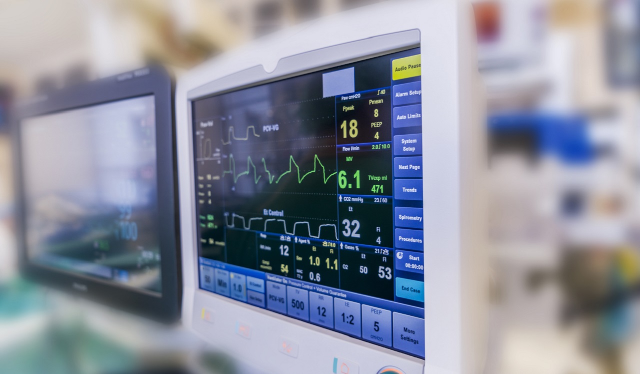 Medical monitors in a hospital setting.