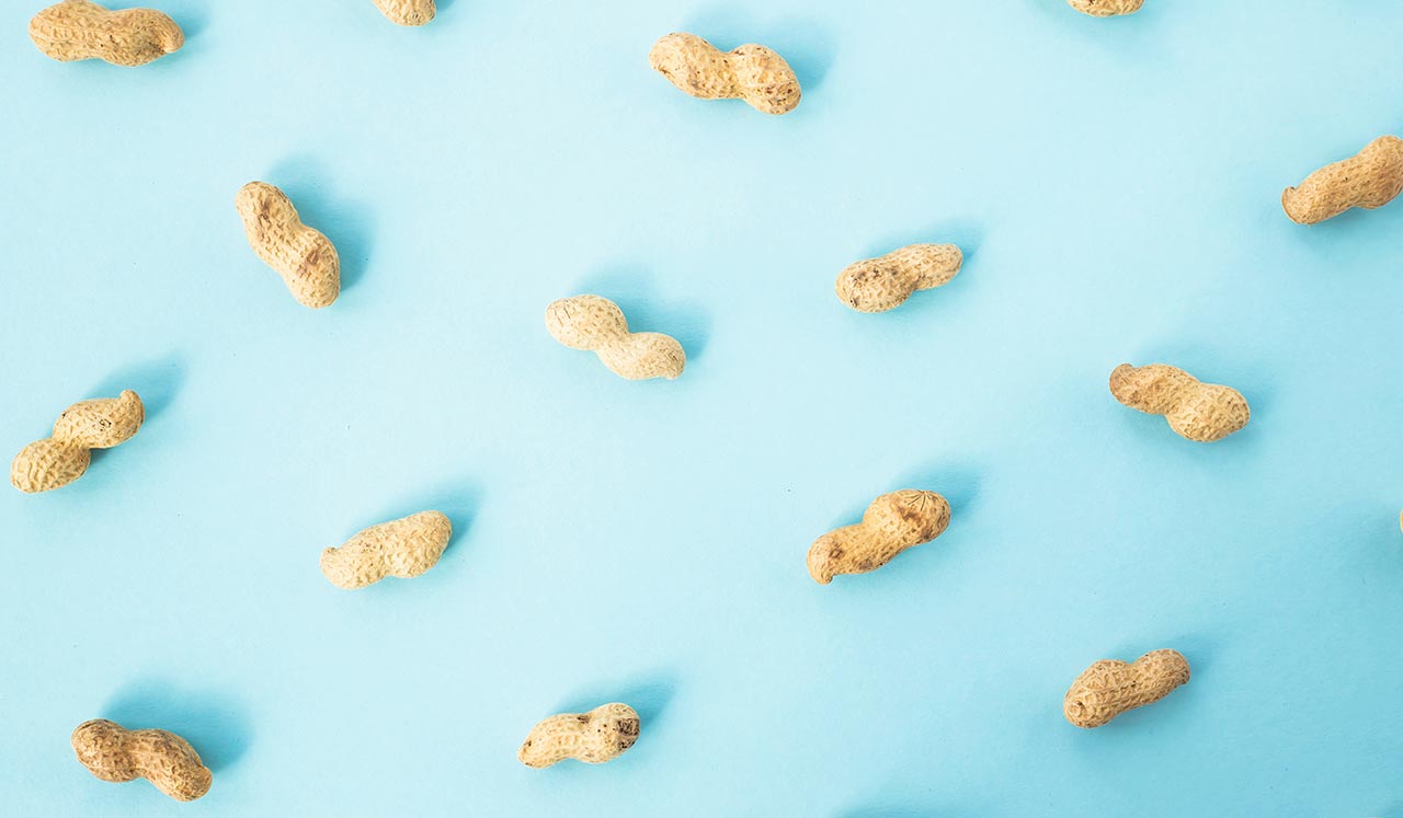 Peanuts in shells arranged over a blue background