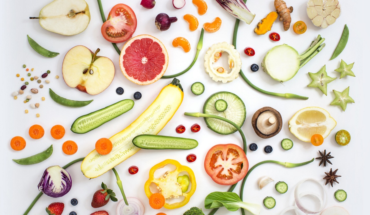 Colorful fruits and vegetables on display.