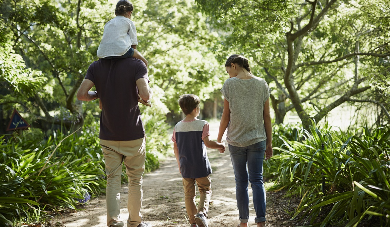 A family of four walking along a trail.