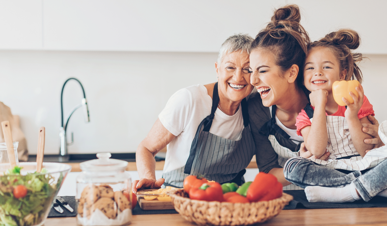 Family cooking in kitchen